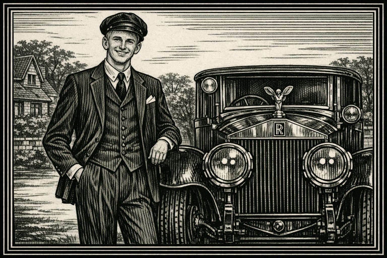 A young chauffeur in a pinstripe suit leaning against a vintage Rolls-Royce