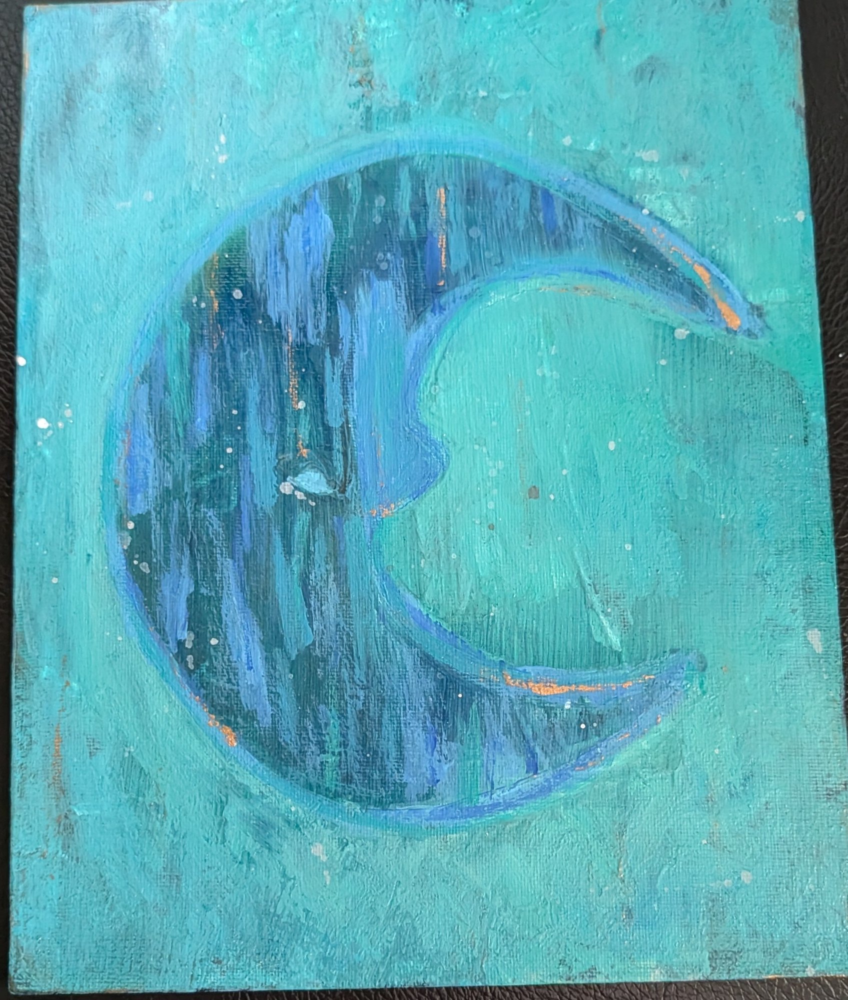 Crescent moon in teal and gold acrylic with star spatter