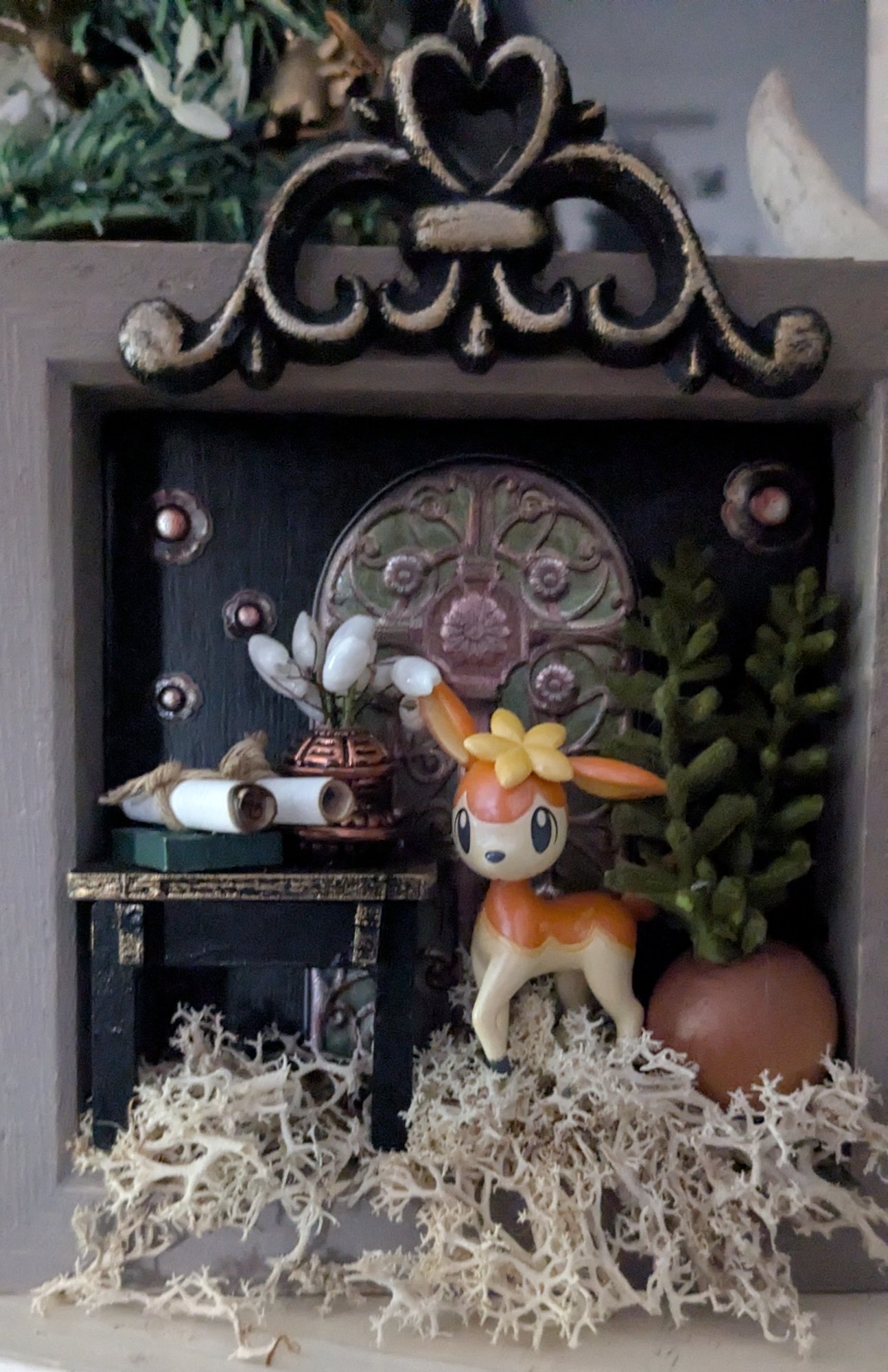Deerling terrarium shadowbox with miniature desk, scroll and dried moss
