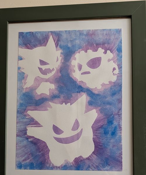 Three grinning pale silhouettes against a purple and blue watercolour wash