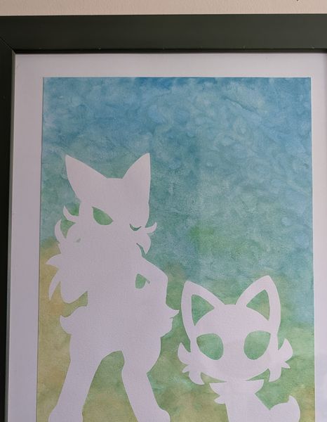 Two pale creature silhouettes against a blue and green watercolour wash